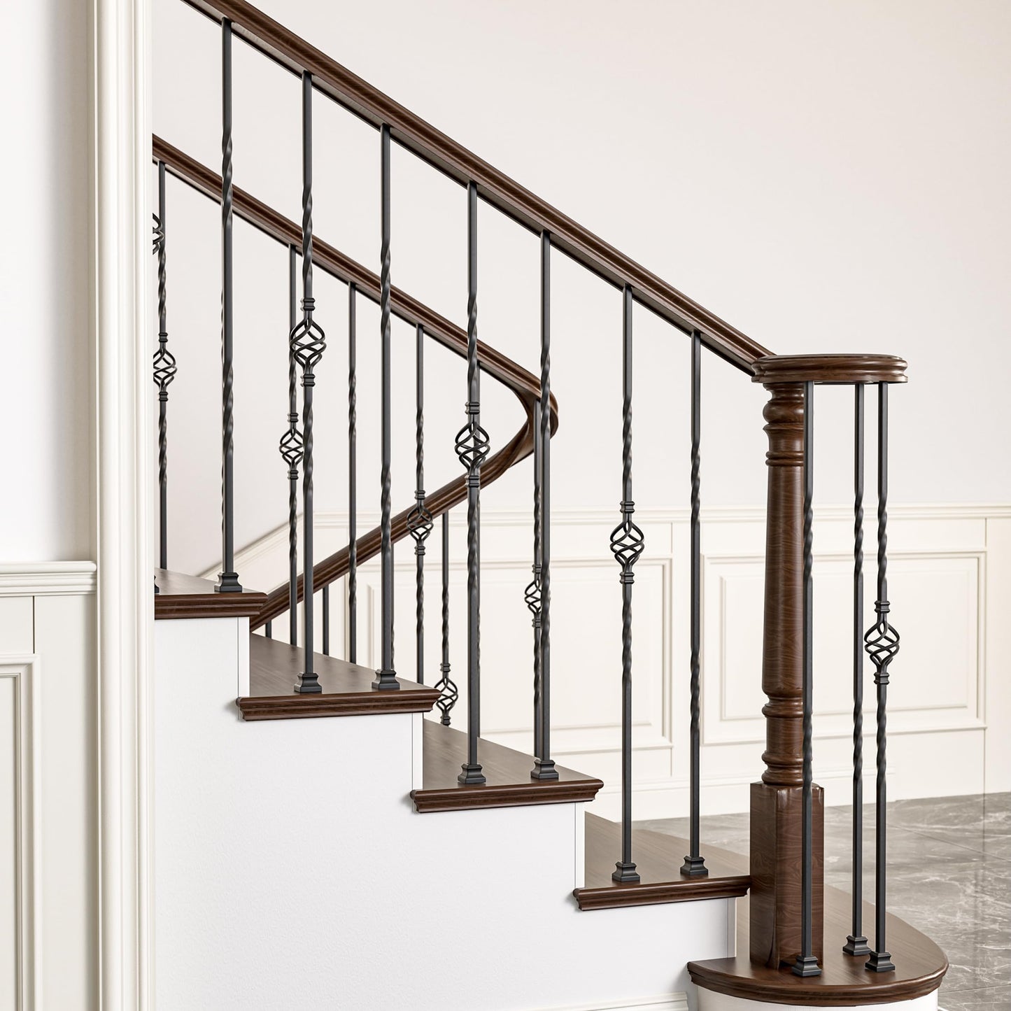Wrought Iron Hollow Balusters - Deck Spindles Stair Railing Indoor,Stair Single Basket Hollow Iron Baluster Stair spindles, for Staircase Interior, Includes 2 Drill Bits for Wood(12 Pack Black)