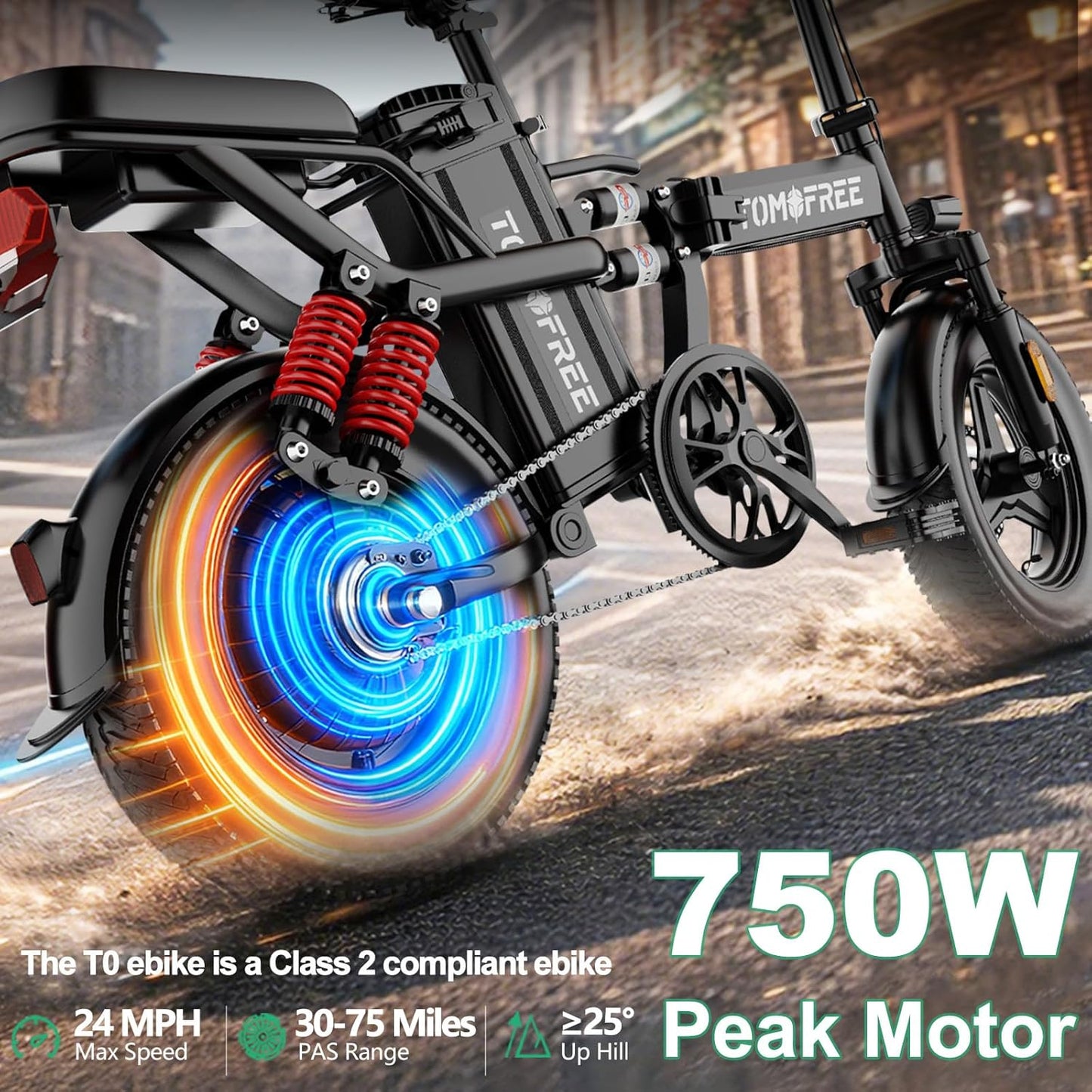 Tomofree Folding Electric Bike - 750W Peak Power, 20-24MPH, 48V 20AH Battery | 35-75 Miles Range, 14" Fat Tires