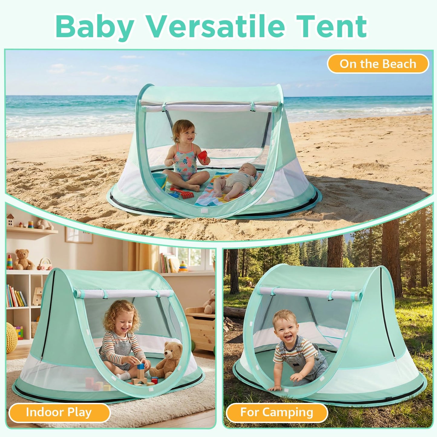 Techip Baby Beach Tent, Pop Up Beach Tent Sun Shade for Beach, UPF 50+ UV Protection Sun Shelters for Infants with Carry Bag for Outdoor Travel, Camping(Green)