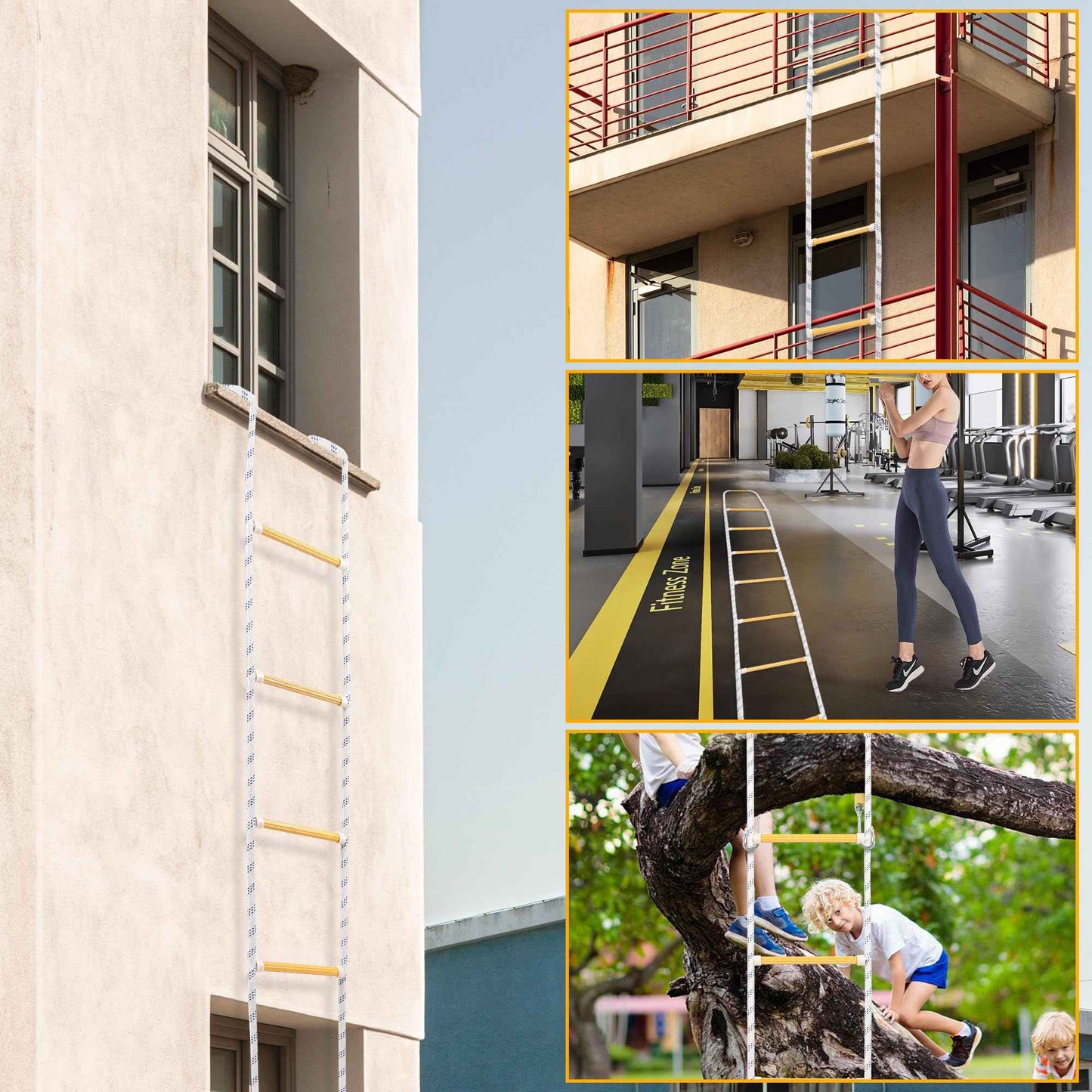 EMEKIAN Emergency Fire Escape Ladder Flame Resistant Safety Extension Rope with 2 Hooks, 2 to 6 Story Homes Reusable Compact Portable External Ladder (7.6 M / 25 FT)