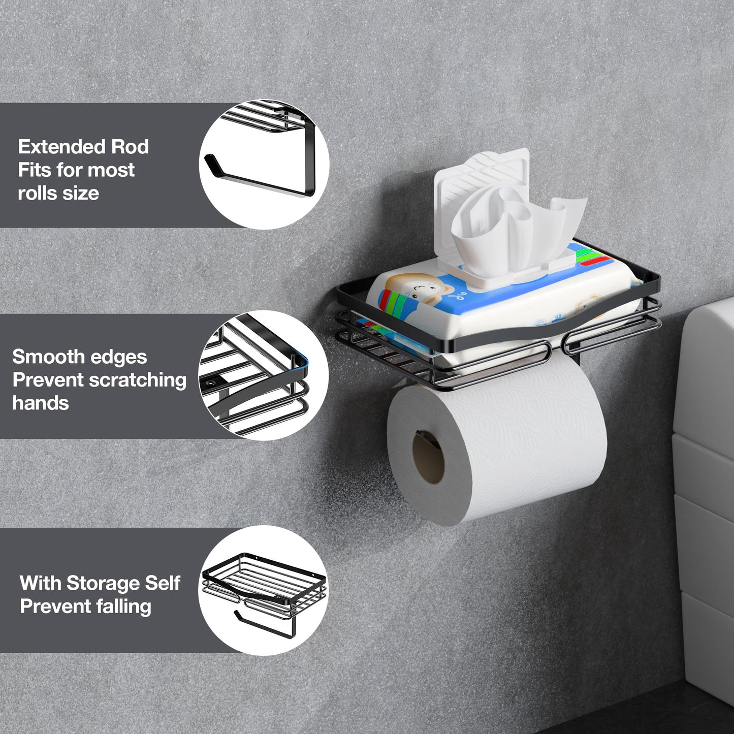 Adhesive Toilet Paper Holder Shelf - Wipes Storage Without Drilling, Stick on Toilet Paper Roll Holder, Waterproof Black
