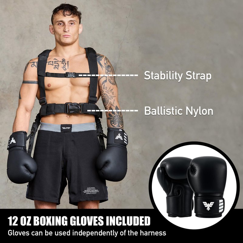 Elite Sports Adult Boxing Harness with 12oz Gloves – Adjustable Resistance Bands (3 Levels), Stability Strap, Padded Back & Shoulder, Ballistic Nylon, Quick-Release Buckle – Training & Workout Gear