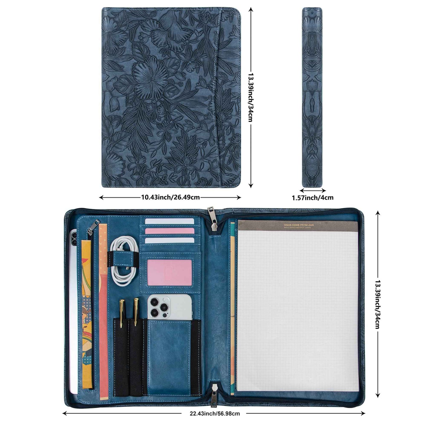 Embossed Vegan Leather Portfolio for Women,Professional Organize Padfolio with A4 Notepad Holder,Professional Business Document Organizer for Women (Blue)