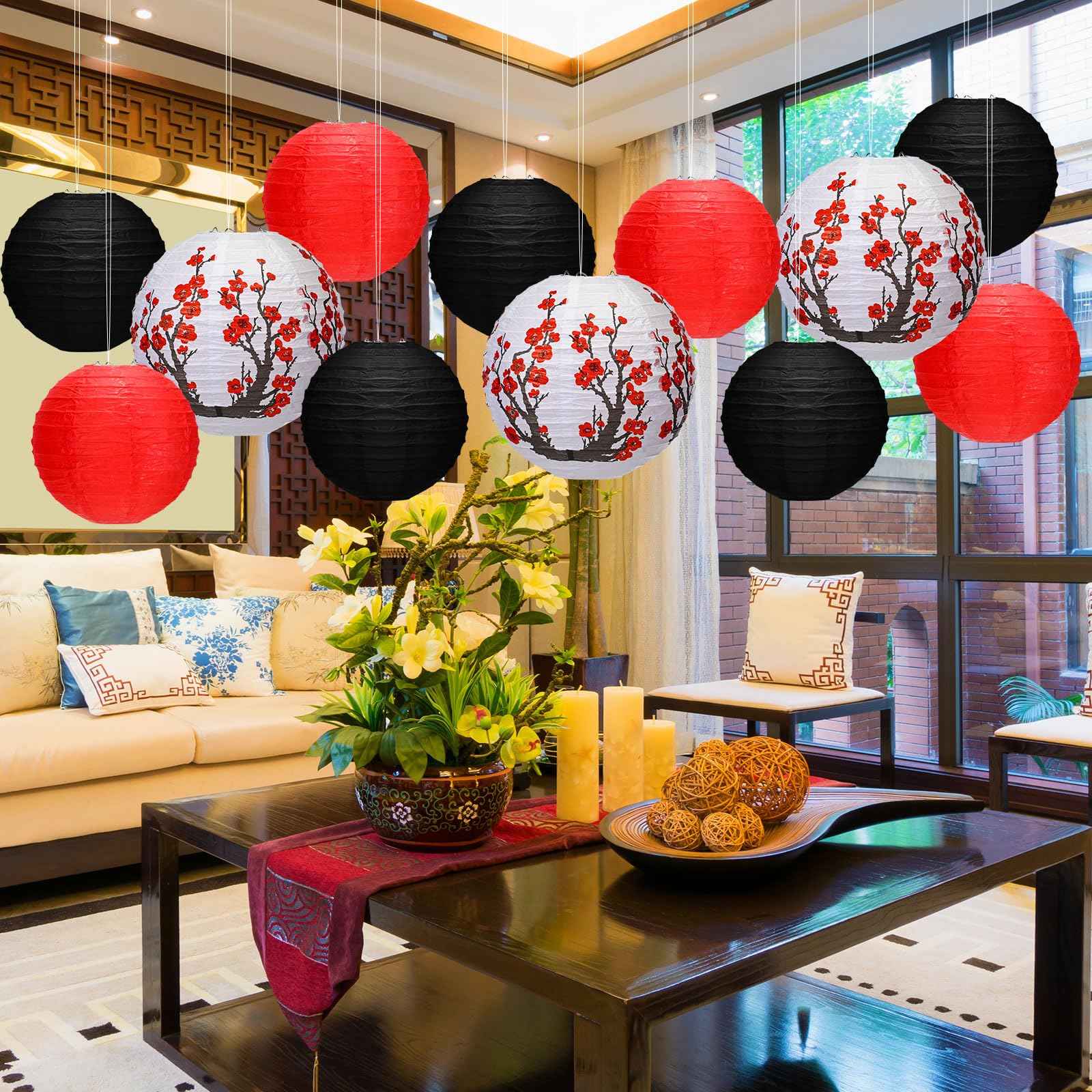 Mudder 20 Pieces Chinese Japanese Paper Lanterns Includes Cherry Flowers Paper Lanterns for Hibachi Birthday Party Asia Home Restaurant Wedding Decor(Red White and Black,Zen Style)