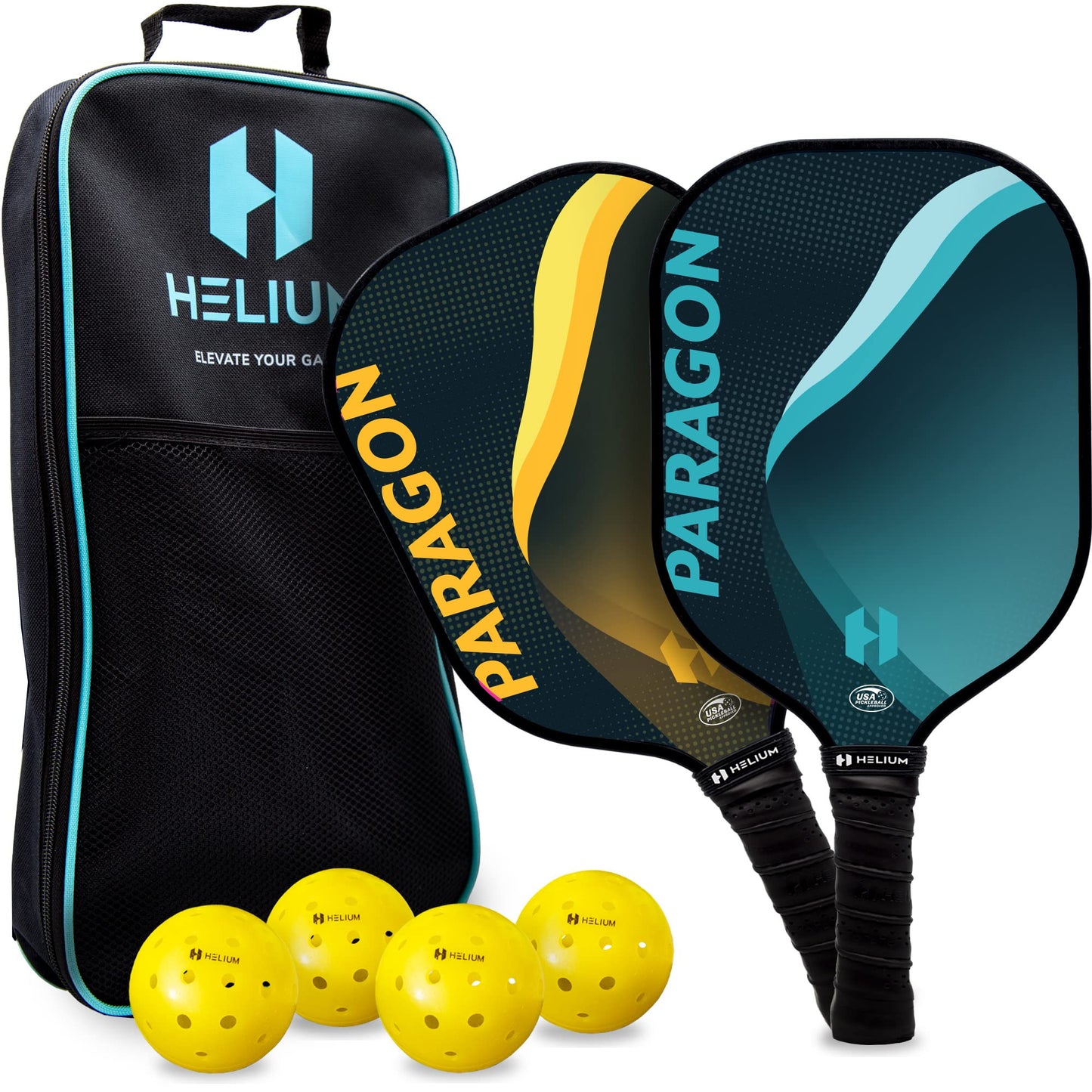 Helium Pickleball Paddle Set of 2 - USAPA Certified - Graphite Fiberglass Surface, Lightweight Honeycomb Core (Paragon (Blue Yellow))