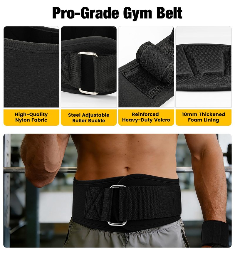 Weightlifting Belt & Wrist Wraps Combo - Auto-Lock Weight Lifting Belt 6.5" Back Support with 0.4" Foam, Adjustable Wrist Wraps for Weightlifting - for Men & Women Beginners & Pros (Black, M)