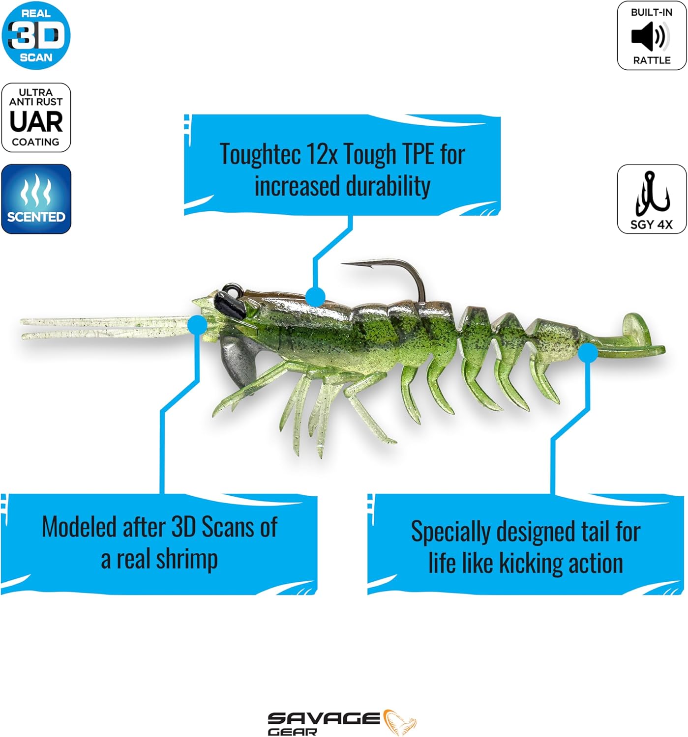 Savage Gear Manic Shrimp RTF V2 - Realistic Fishing Lure for Freshwater & Saltwater | 3.5 Inch