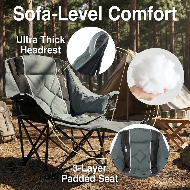 USKAU Camping Chair with Removable Footrest, Oversized Outdoor Chair with Headrest & Cup Holders, 300lb Capacity Lawn Chair for Sports Backyard Fishing