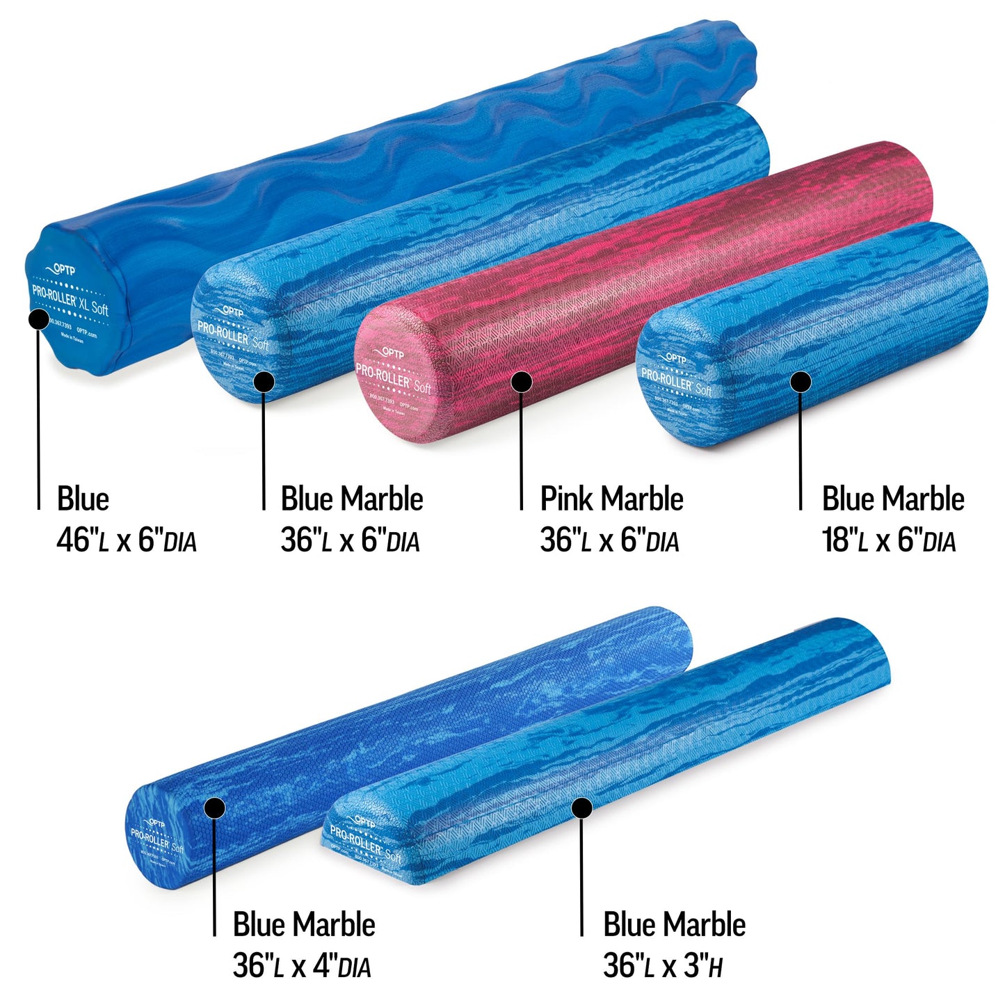 OPTP PRO-Roller Soft Density Foam Roller – Low Density Soft Foam Roller for Physical Therapy, Pilates, Yoga Foam Roll Exercises, and Muscle Recovery- Blue 36" x 6"