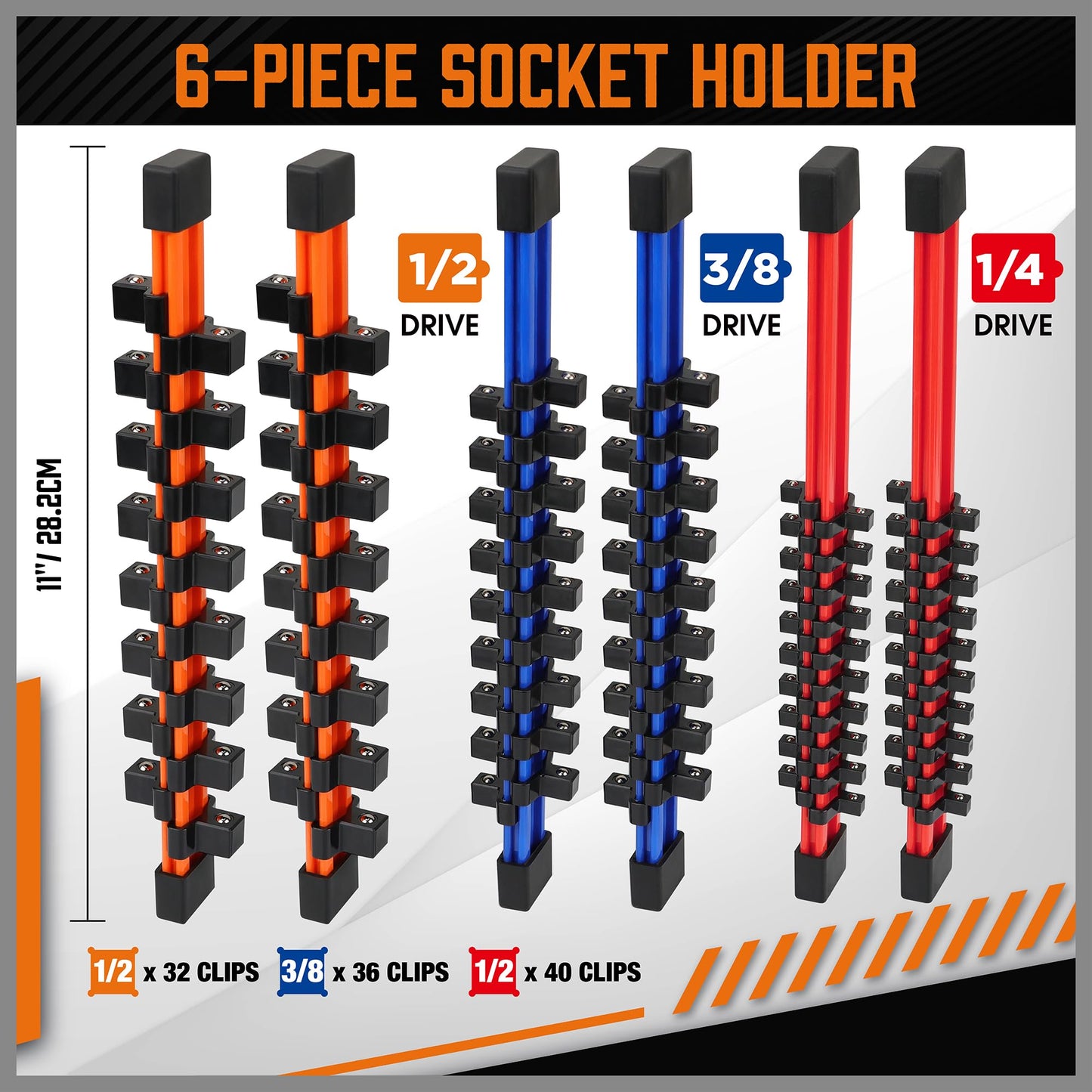 HORUSDY 6Pcs Double Sided Socket Organizer, 1/4-Inch, 3/8-Inch, 1/2-Inch, Premium Quality Socket Holders (6Pcs Double Sided Socket Organizer)