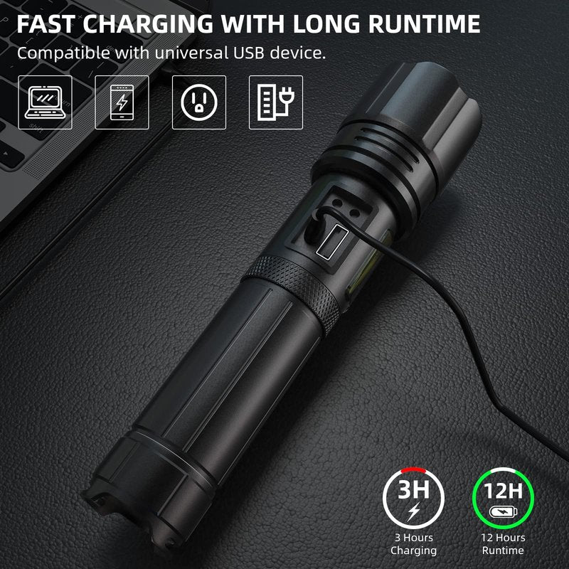NJ FOREVER Rechargeable LED Flashlight, Super Bright 99,000 High Lumens Flashlight, 7 Modes,COB Side Light & Powerful IPX7 Waterproof Flashlight, Brightest Flash Light for Home, Camping,Hiking
