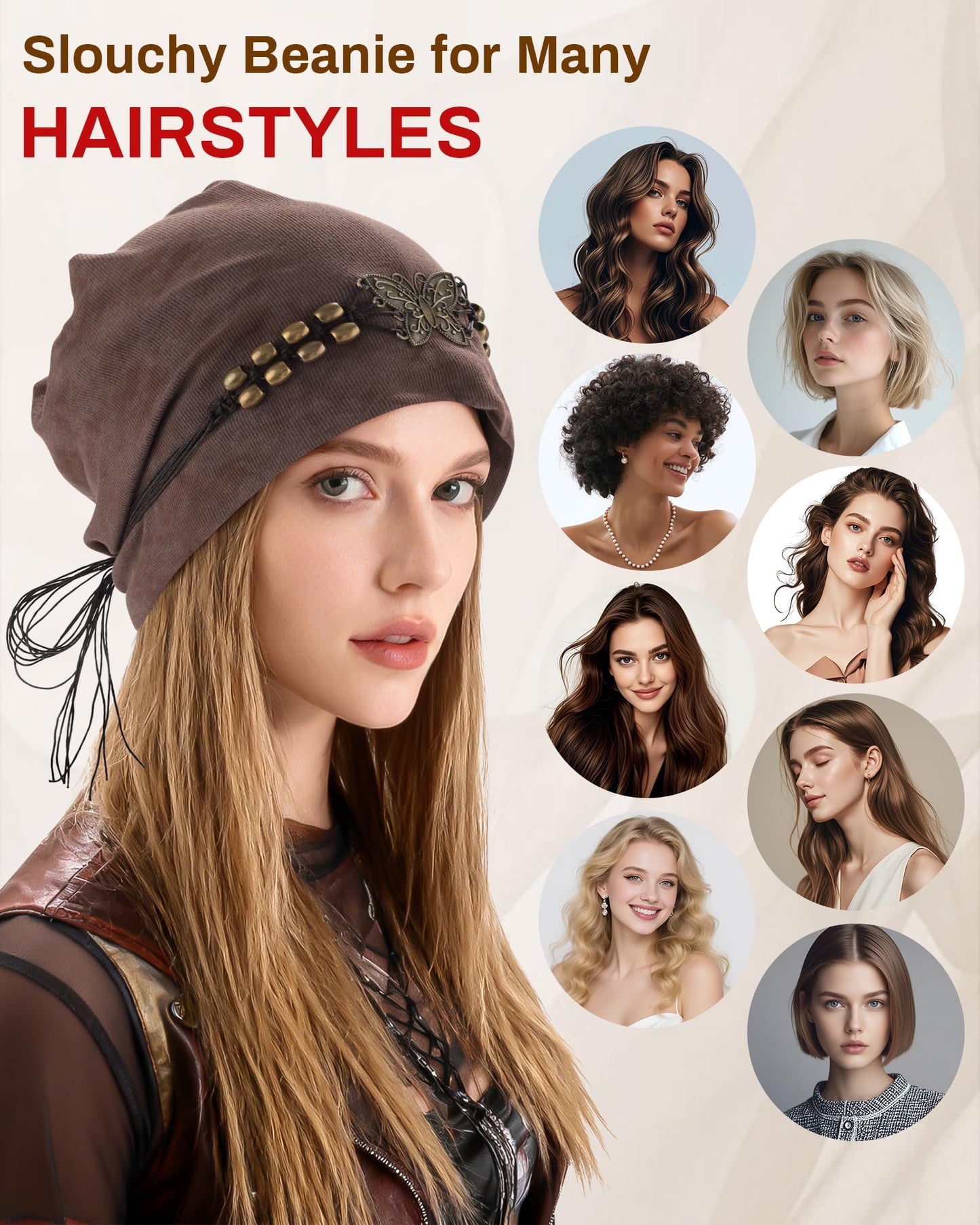 AWAYTR Slouchy Beanie Hat for Women - Retro Turban Hat with Metal Butterfly Beads Skull Caps Vintage Y2K Fashion Style (Coffee)