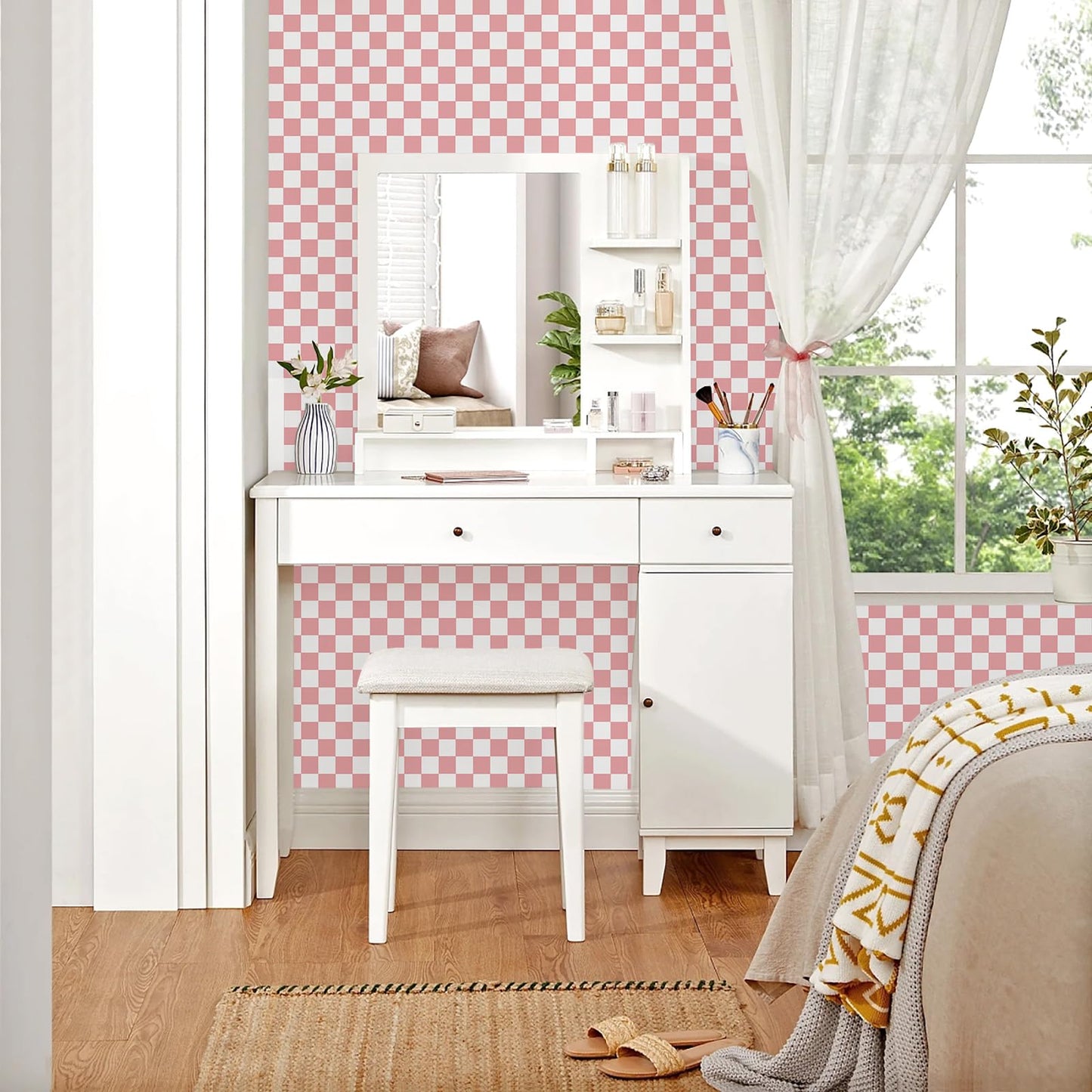 CAX Checkered Peel and Stick Wallpaper 17.3"x120" Pink and White Mosaic Checkered Contact Paper Peel and Stick Modern Self Adhesive Checkerboard Wallpaper for Bathroom Cabinets Shelf Liner Vinyl