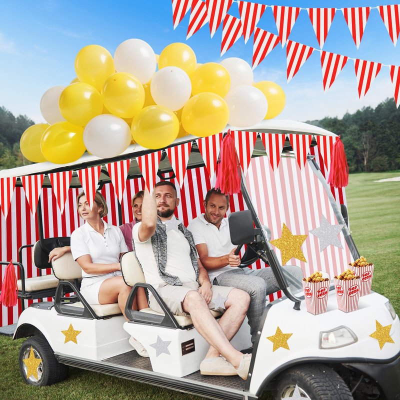 Suncalla 85 Pcs Halloween Carnival Golf Cart Decorations Red and White Stripes Backdrop Tassels Banner Flags Ballons Popcorn Boxes Glitter Star Cutouts for Golf Cart Party Supplies Decor