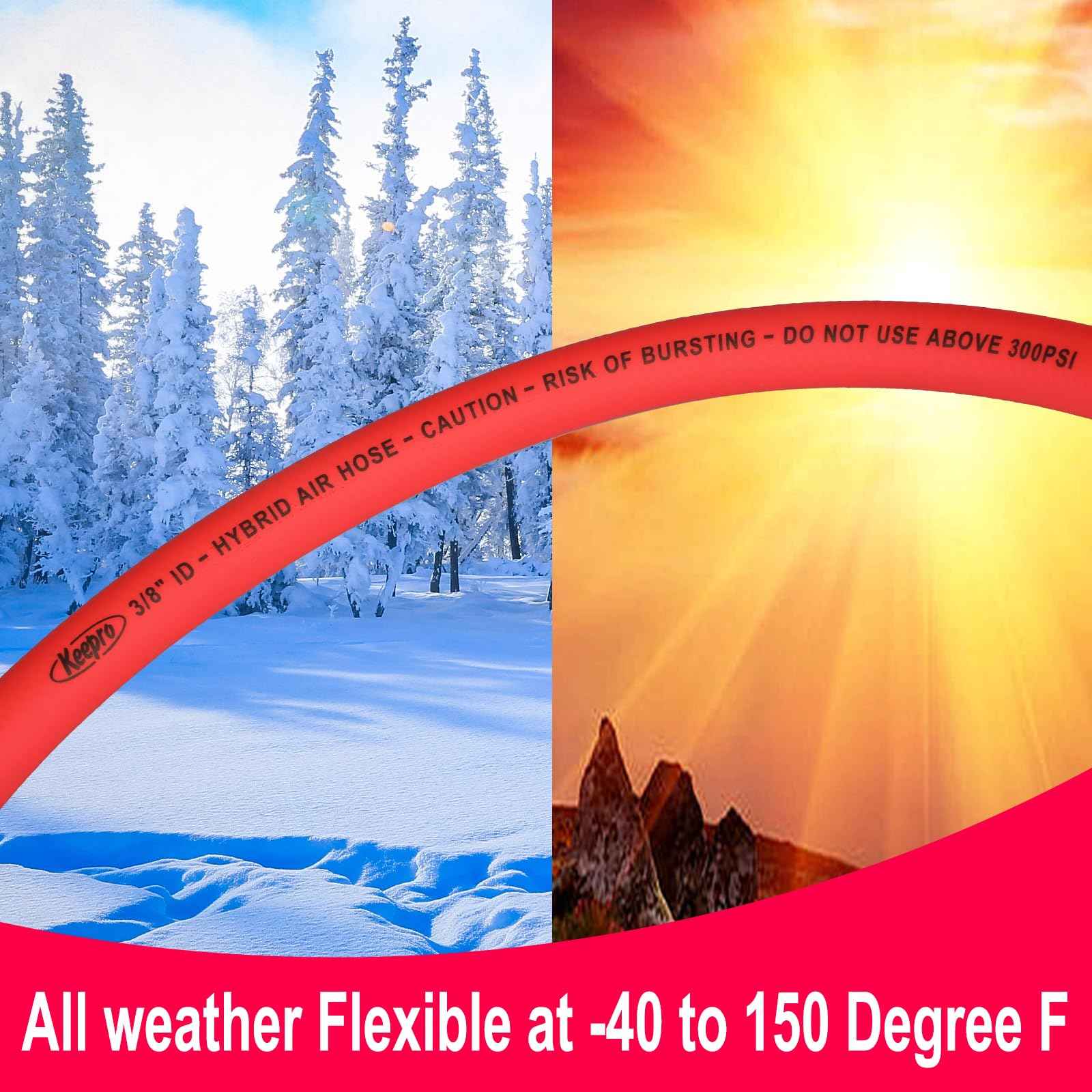 Keepro Hybrid Air Hose, Flexible 3/8 Inch ID x 10 Feet Long Lead-in Short Air Compressor Hose with Swivel Solid Brass 1/4" Industrail Quick Coupler and Plug, 300 PSI Maximum Pressure, Red