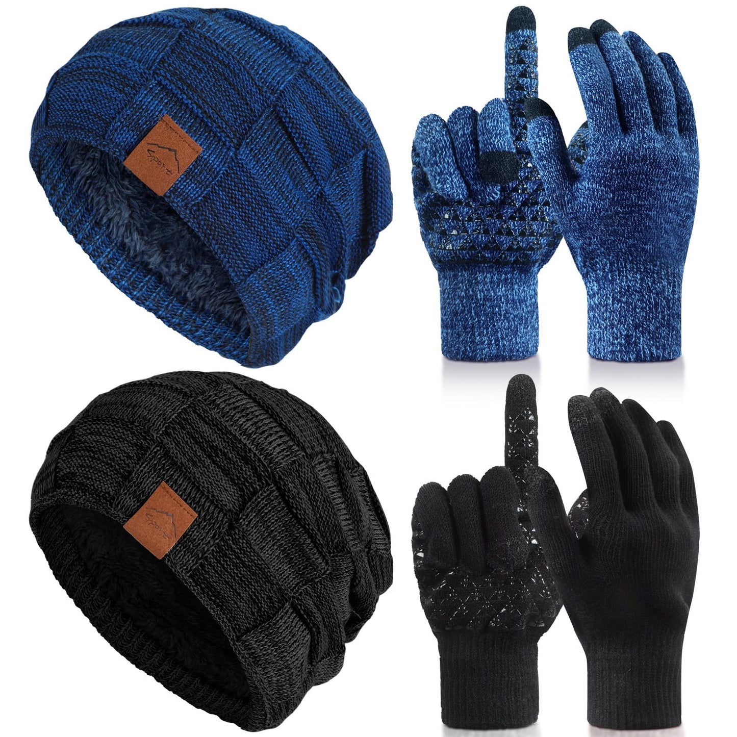 Geyoga 4 Pack Winter Hats for Men Beanie and Gloves Set, Winter Slouchy Beanie Hat Warm Gloves Lined Knit Thick(Black, Sapphire Blue, Cyan)