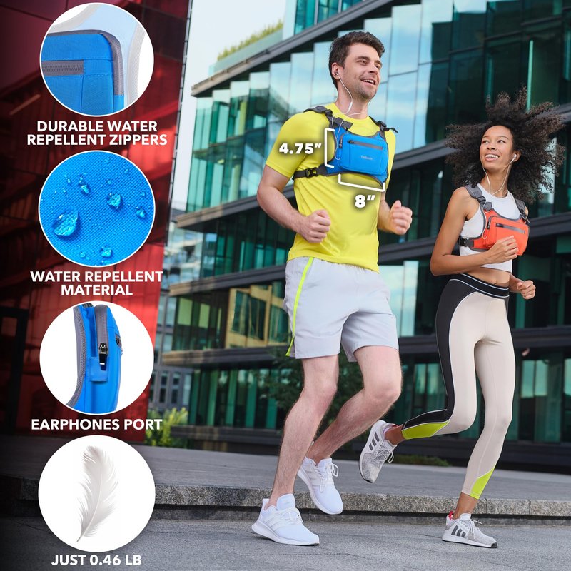Trailoom Running Chest Pack, Reflective Vest, Water Repellent, Phone Holder, Men & Women, Workout Bag for Runners, Cycling, Biking, EDC Pouch, Jogging Carrier, Hidden Pocket, Lightweight (Blue)