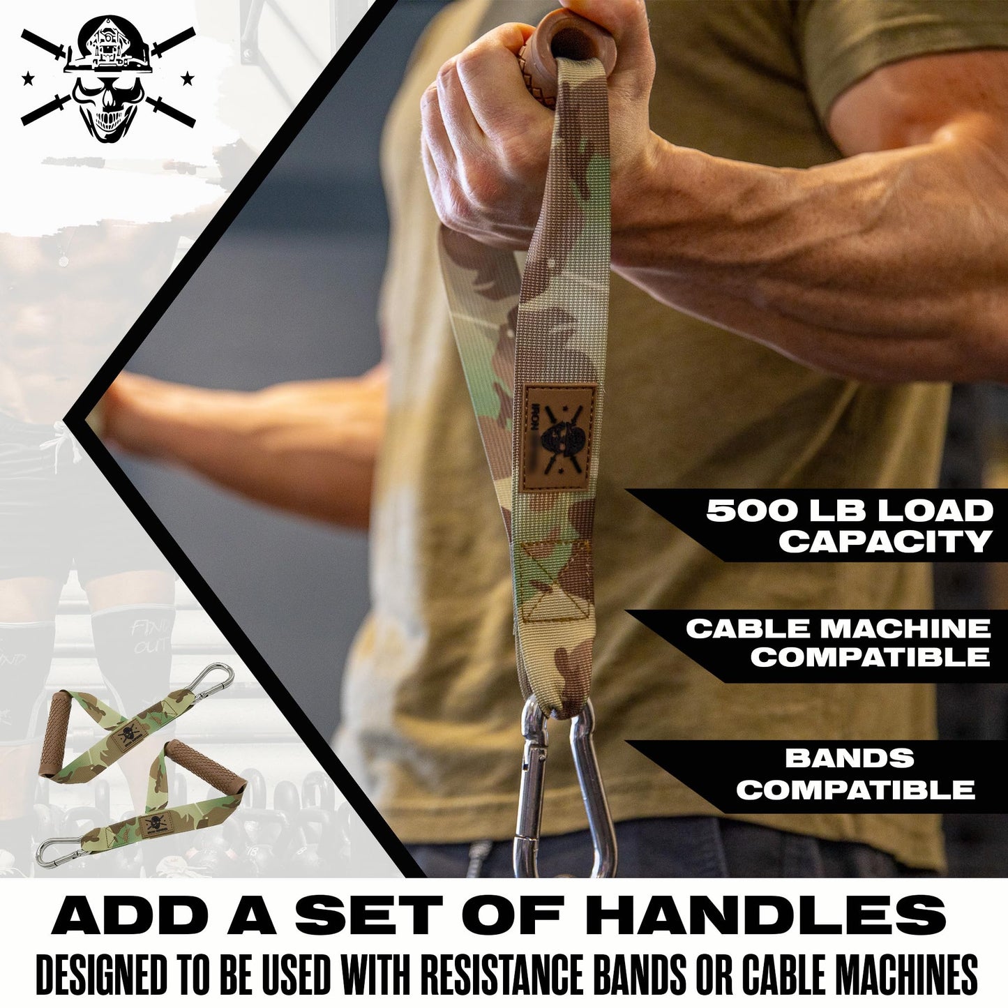 Iron InfideI Resistance Band Handles - Cable Machine Handles Attachment and Door Anchor for Exercise Bands, Great Accessory for Home Gym Workout Equipment & Pull Up Assistance Bands (Camo)