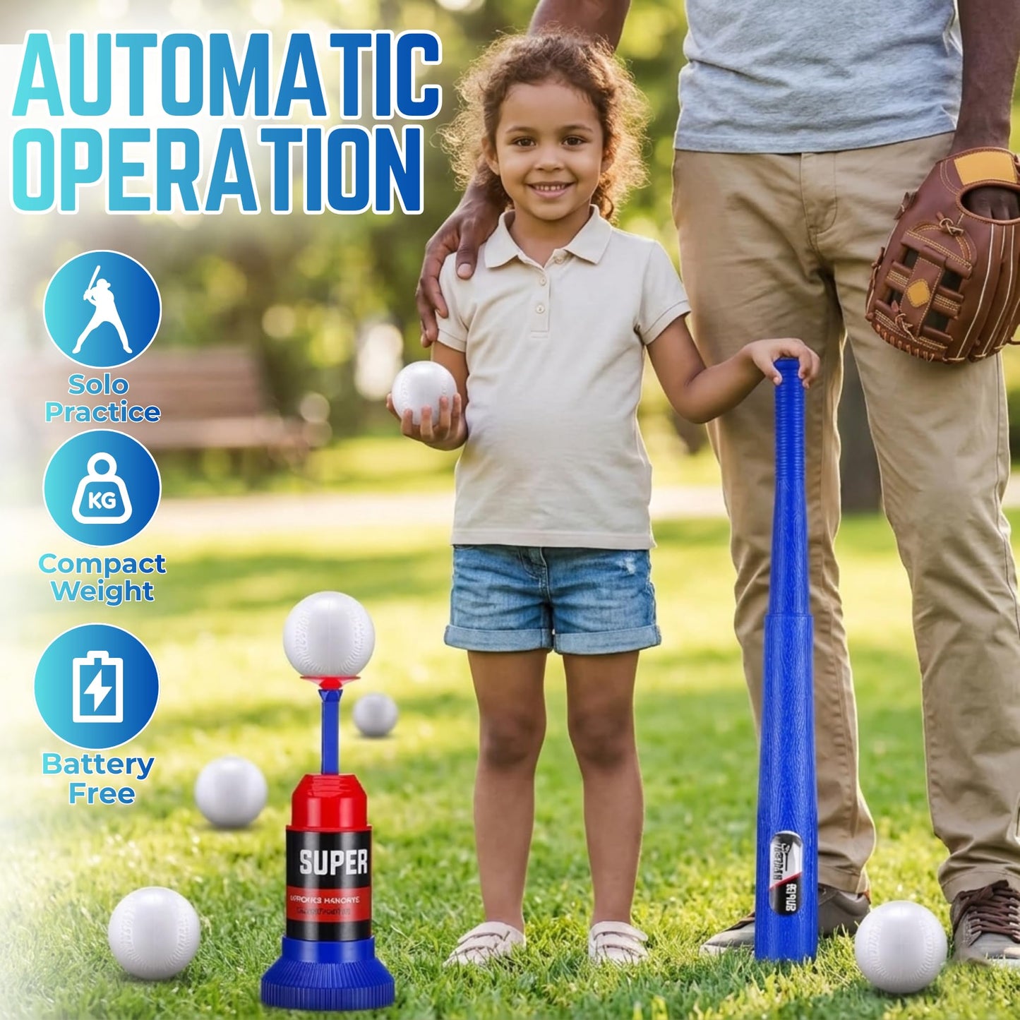 Baseball Training Tee Popper Set with Baseball Bat & 12 Balls, Pop Up Batting Tee for Kids & Beginners, Self Pitching Baseball Trainer for Hitting Practice, Portable Batting Trainer for Backyard