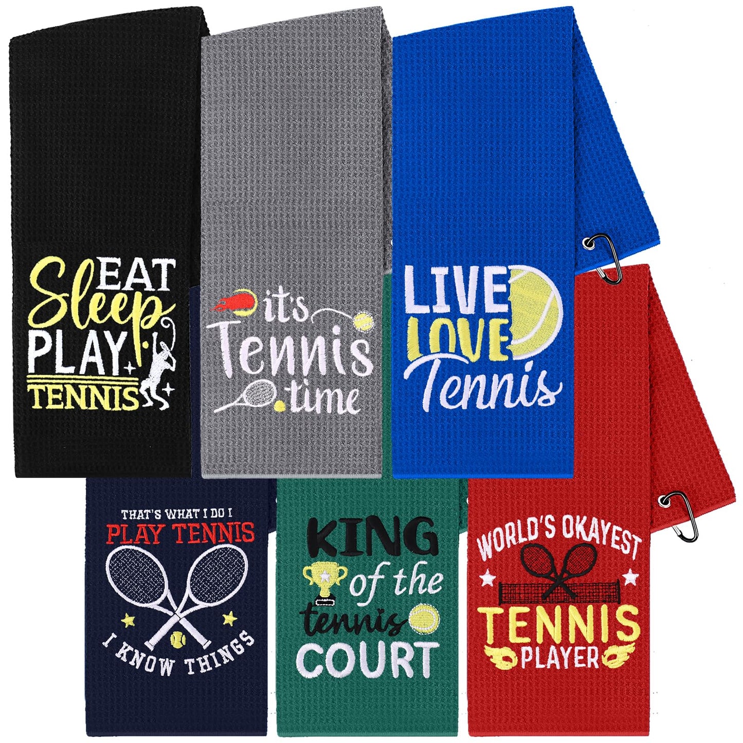 DAVAXI 6 Pcs Tennis Towel 16 x 24 Inch Funny Soft Embroidered Towels Hand Towel with Carabiner Clip Player Towels Tennis Gifts for Men Women Team Sports Court Accessories Gift