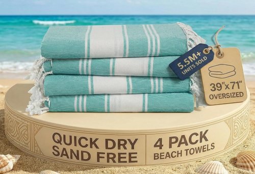 LANE LINEN Oversized Beach Towel - Quick Dry & Sand Free 4 Pack, Extra Large 39"x71" - Hunter Green