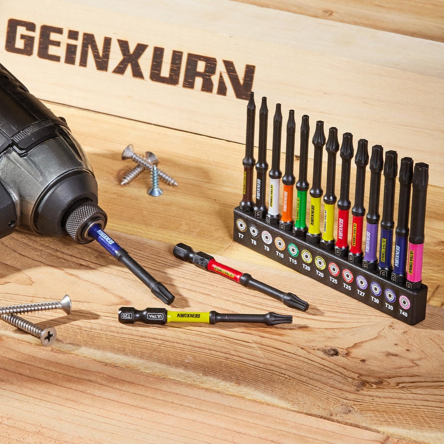 Geinxurn 3”Impact Torx Screwdriver Bits Set,13Pcs Magnetic S2 Steel Long Extension Star Driver Bits Set (T7-T40) with Color Coded Base