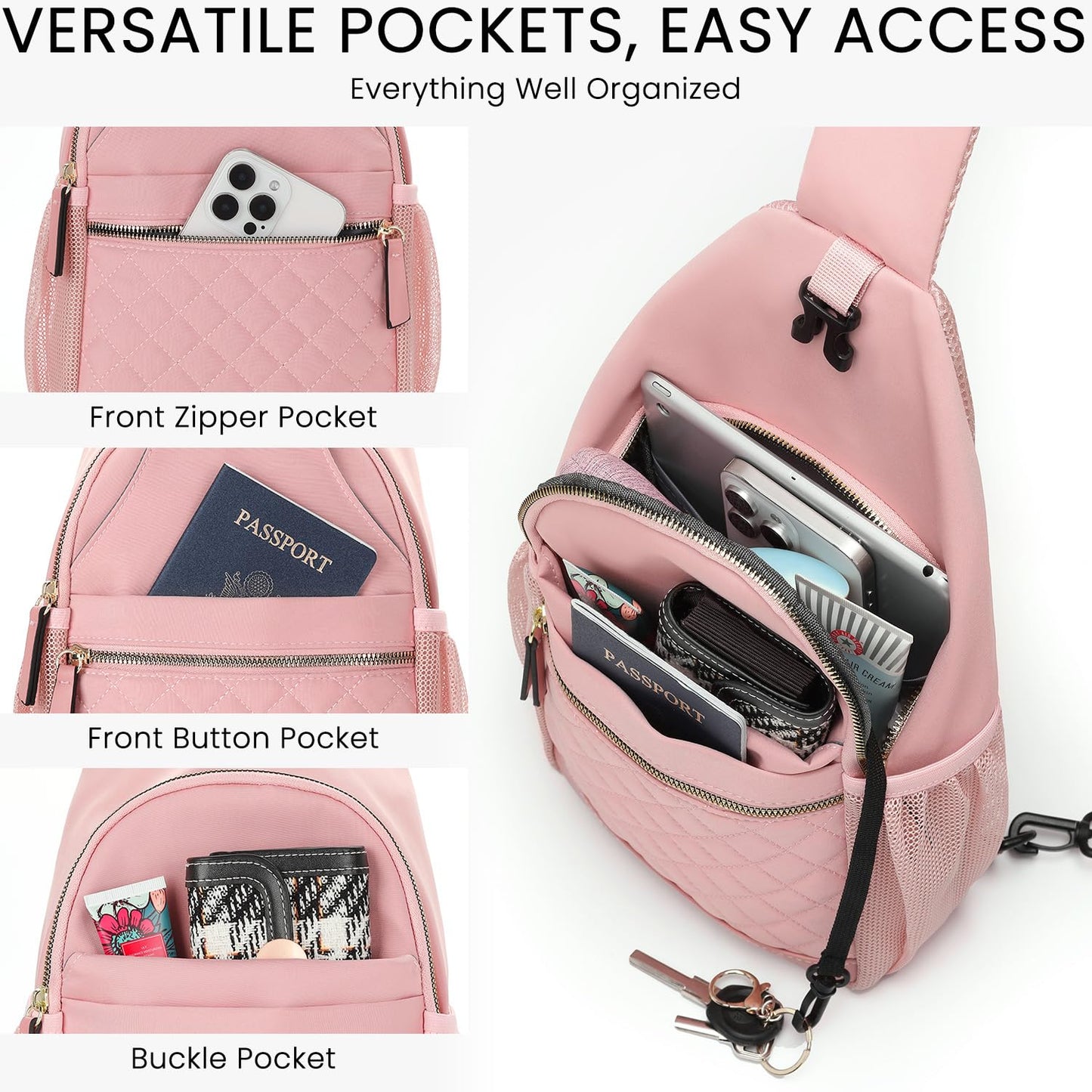 Vankor Large Crossbody Purses Bags for Women Men Travel, Chest Sling Bag Women Casual Cross Body Bag for Woman Sling Backpack PInk