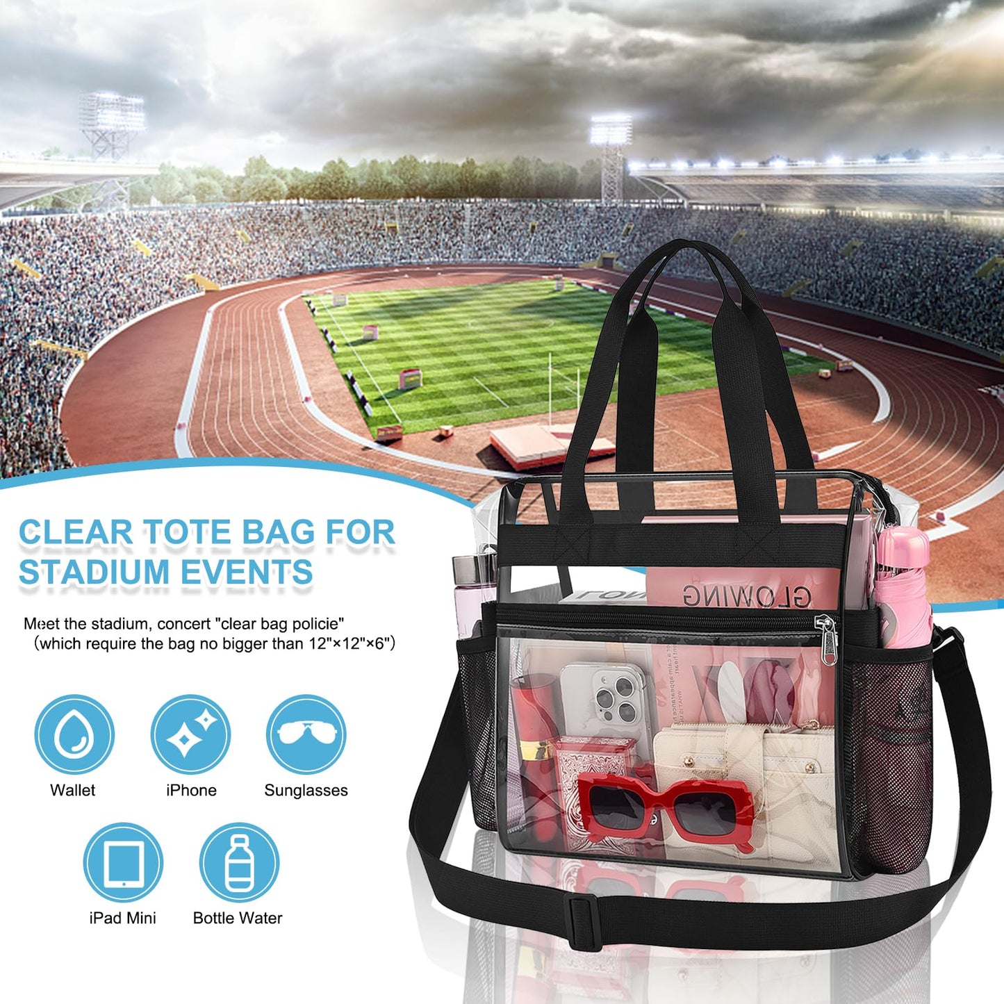 Busiuw Clear Bag for Stadium Events Approved 12x6x12 - Clear Tote Bag Sports Fan Tote Bag with Reinforced Strap for Sport Festival Work Game Day