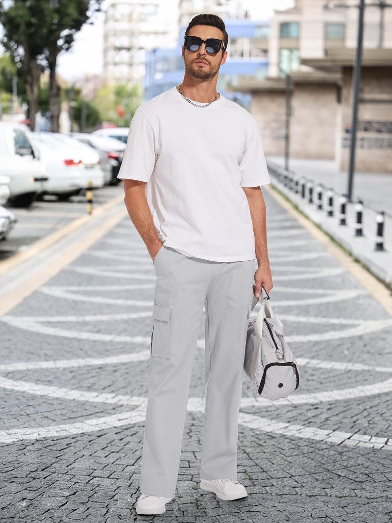 Tallemon Men's Casual Cargo Pants 30/32/34/36 Tall Inseam Hiking Pants Workout Joggers Loose Straight Sweatpants for Men 34" Light Grey L