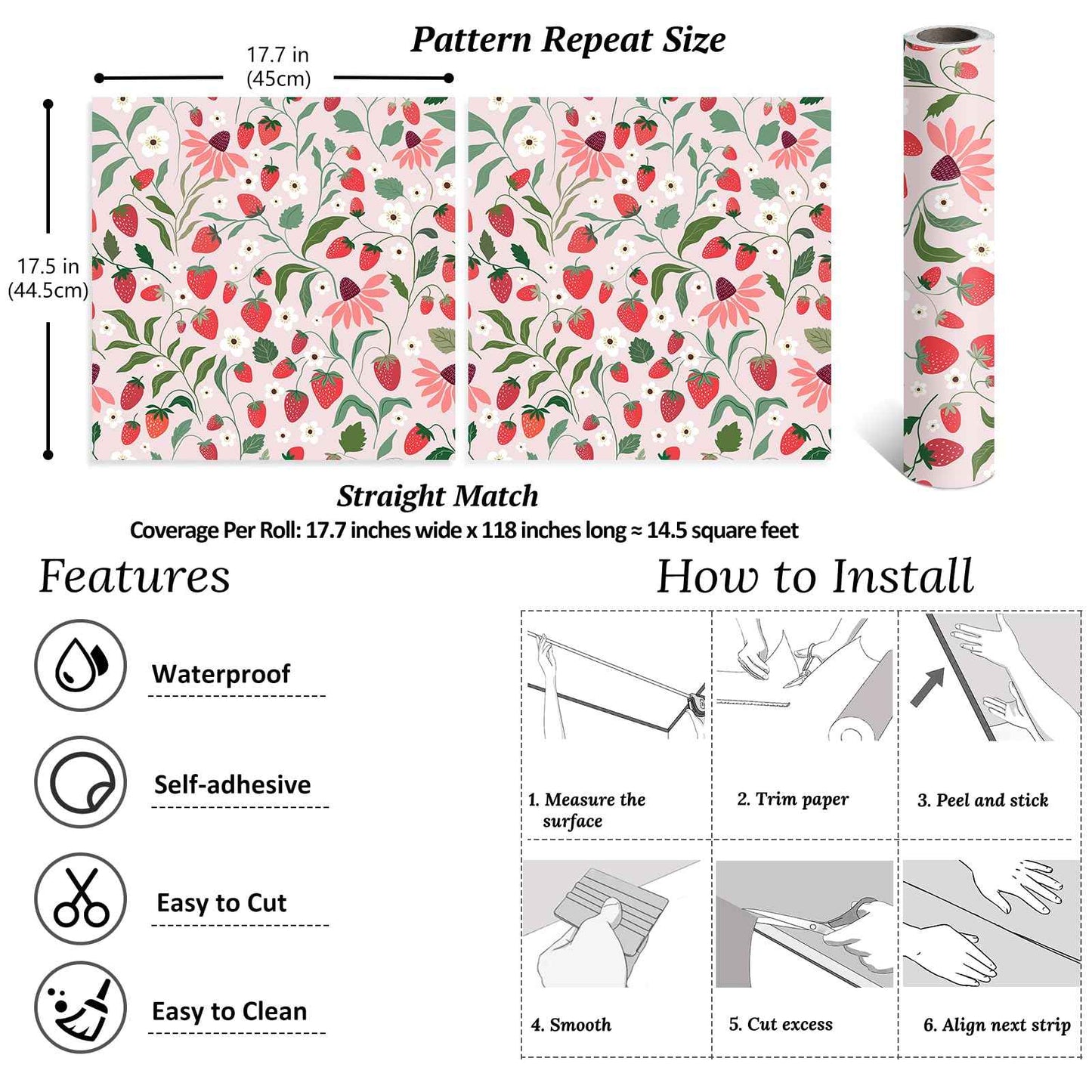 VEELIKE Strawberry Wallpaper Peel and Stick Pink Fruit Floral Wallpaper for Girls Bedroom Nursery Kitchen 17.7''x118'' Removable Prepasted Botanical Wallpaper Pink Contact Paper for Cabinets Drawers