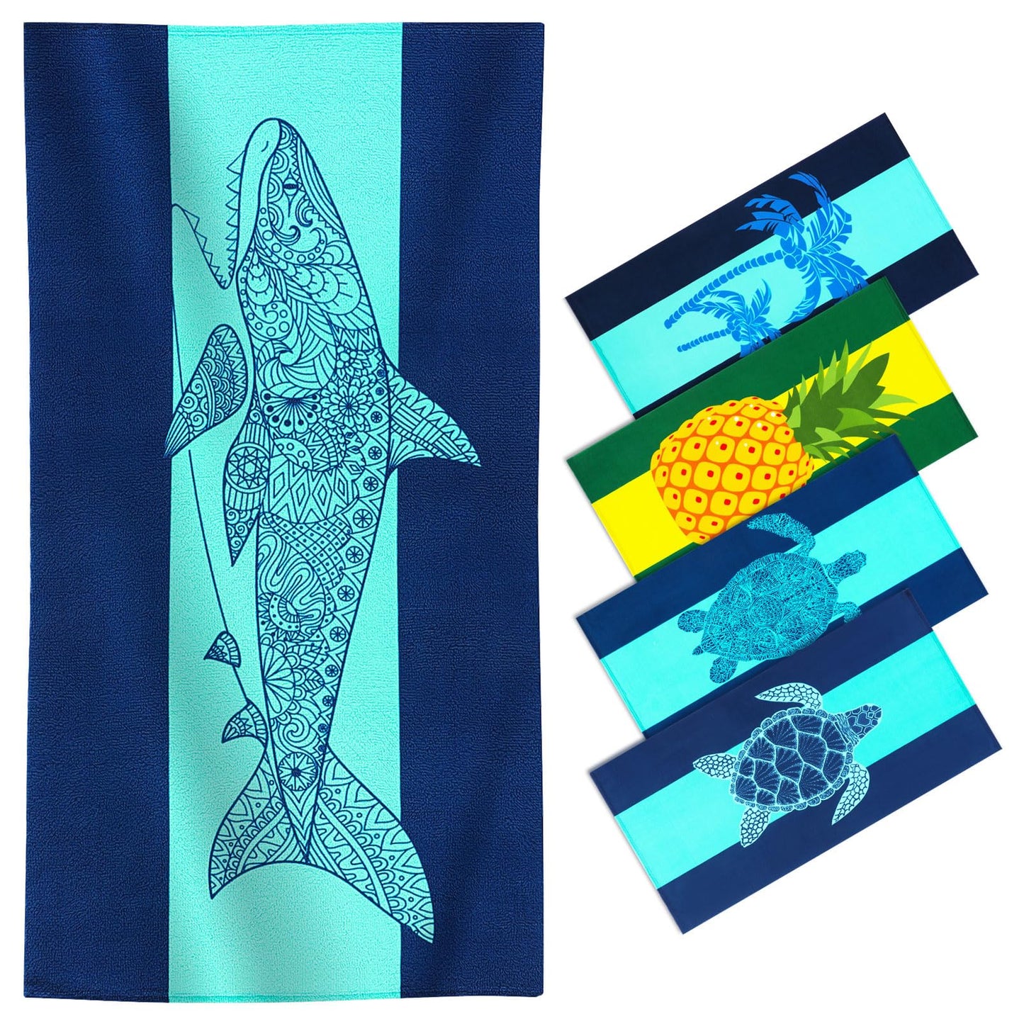 Genovega Oversized Terry Beach Towel 36 x 72 in Soft Extra Large Big Pool Swim Towels for Adult XL Clearance Big Travel Blanket Cruise Vacation Accessories Essentials Lounge Chair Cover Shark