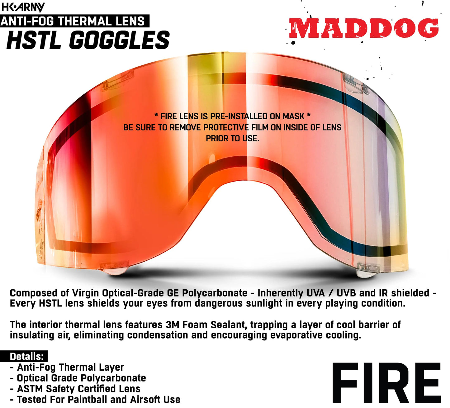 Maddog HK Army HSTL Paintball Airsoft Mask Goggle System | Replaceable Thermal Dual-Pane Anti Fog Lens | Adjustable Full-Face Safety Certified Protection - Black with Fire Lens