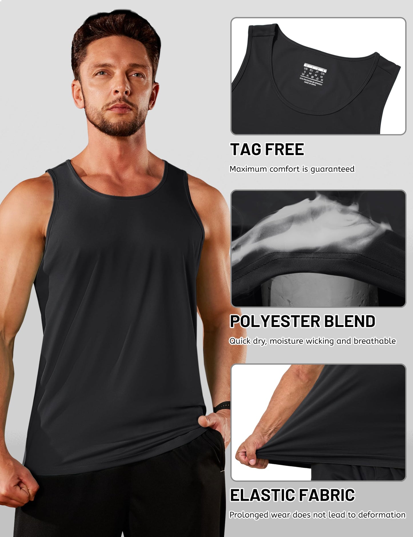 TACVASEN Men's 3 Pack Workout Tank Tops Sleeveless Shirt UPF Summer Quick Dry for Running Swim Gym Beach Black/Black/Black
