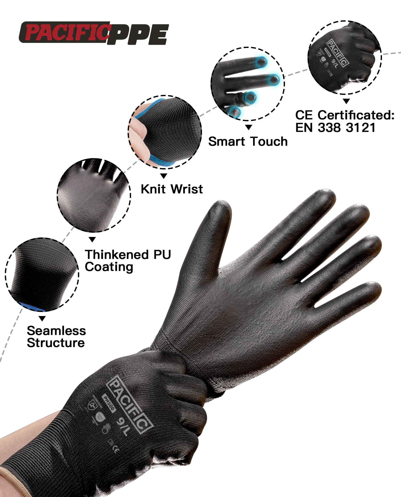 PACIFIC PPE 18 Pairs Work Gloves, PU Coated Seamless Knit Gloves, Touchscreen Safety Gloves with Grip, Ideal for General Duty Work, Men and Women, Black, XL