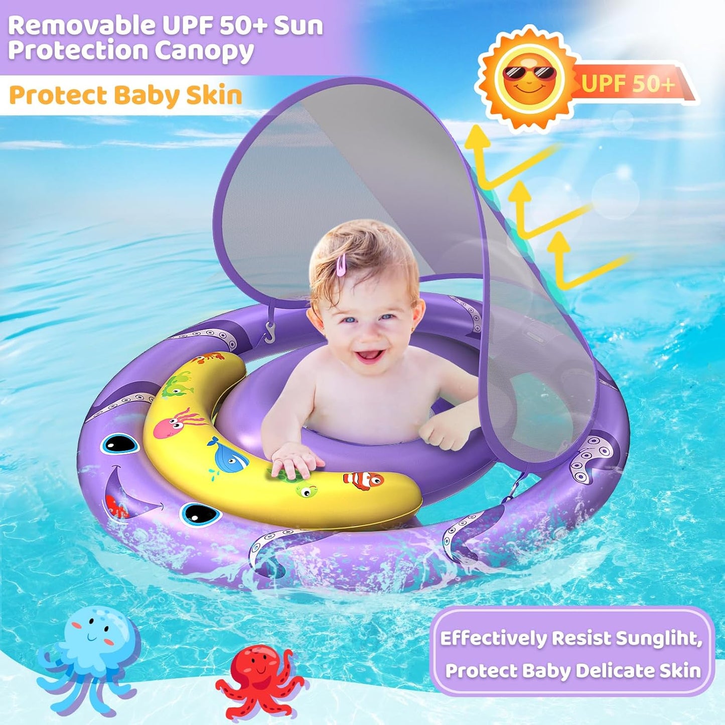 Skiennix Baby Pool Float - Octopus Swim Float with UPF50+ Canopy for 6-24 Months | Adjustable & Breathable Seat