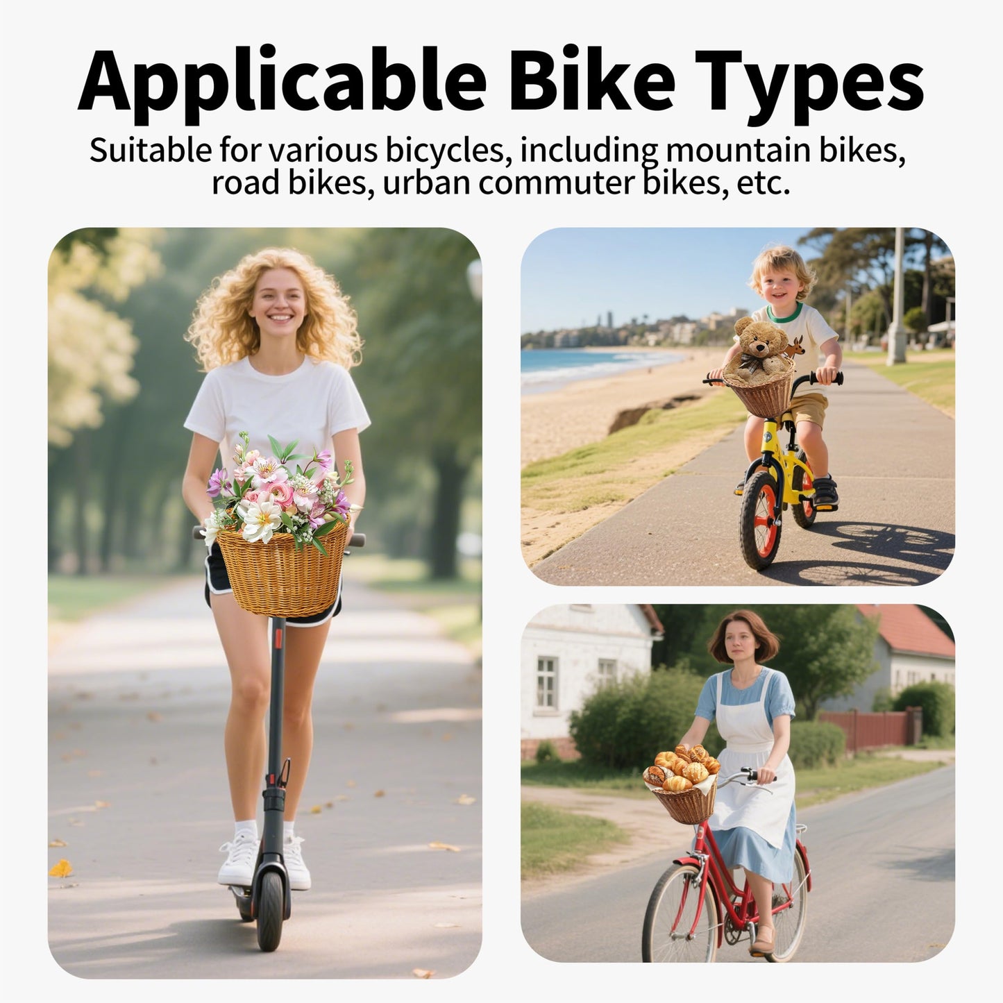 Brown Wicker-Style Bike Basket - 11.41" Large Front Bicycle Basket, Waterproof & Extra Capacity for Beach Cruisers