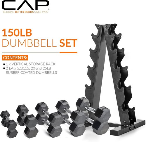 CAP Barbell Rubber Coated Dumbbell Weight Set - Vertical Rack Included | 100 lb, 150 lb, 210 lb Options