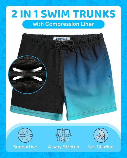 Maamgic Boys Swim Trunks - 4-Way Stretch Quick-Dry Bathing Suit with Compression Liner | Toddler Beach Shorts
