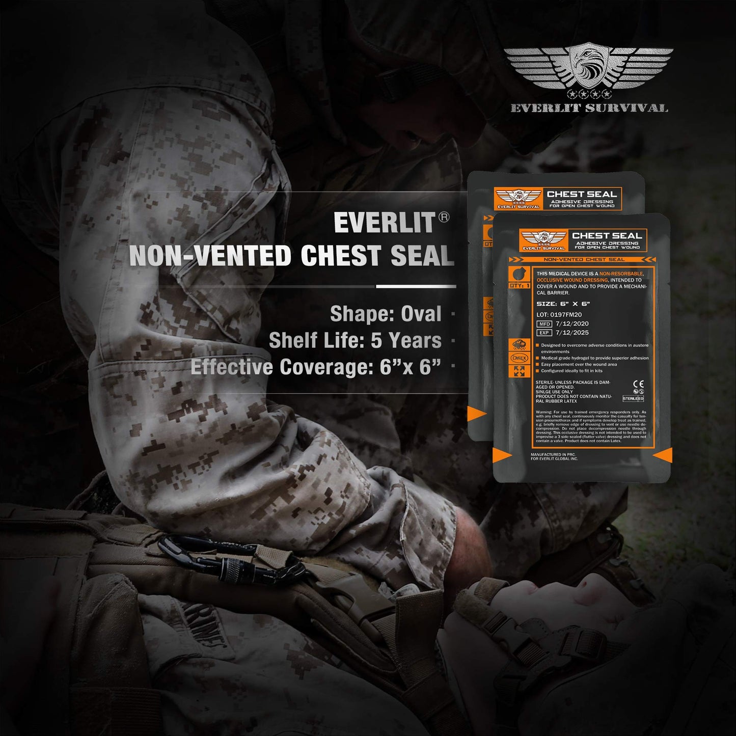 EVERLIT Occlusive Chest Seal Non-Vented Adhesive Dressing for Open Chest Injury and Sucking Chest Wound (2 Count)
