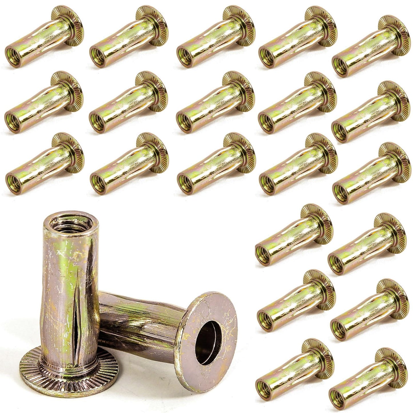 QXSKSLH 25Pcs M6 Multi Grip Rivet Nuts Pre Bulbed Shank Carbon Steel Color-Zinc-Plated Flat Head Threaded Insert Nut