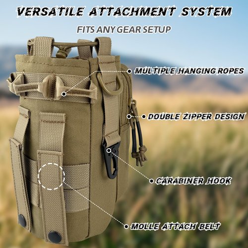 Water Bottle Sleeve with Strap - Insulated Water Bottle Holder with MOLLE System for Backpack Tactical Khaki Crossbody Pouch for Walking Hiking Fishing Camping Gym 32oz&24oz