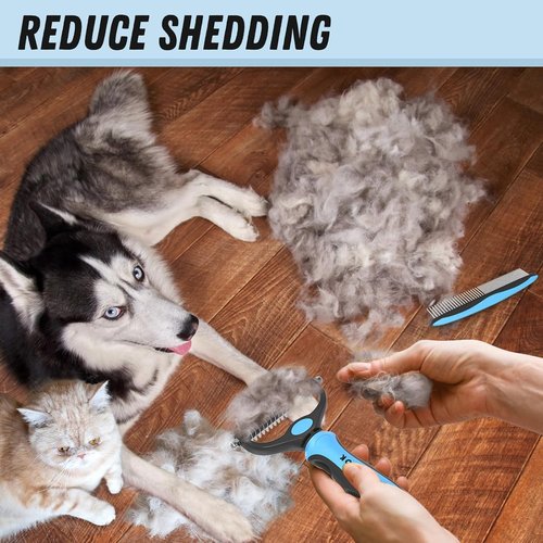 Docrok Pet Grooming Combo - Blue Deshedding Brush & Metal Comb for Long Fur Detangling