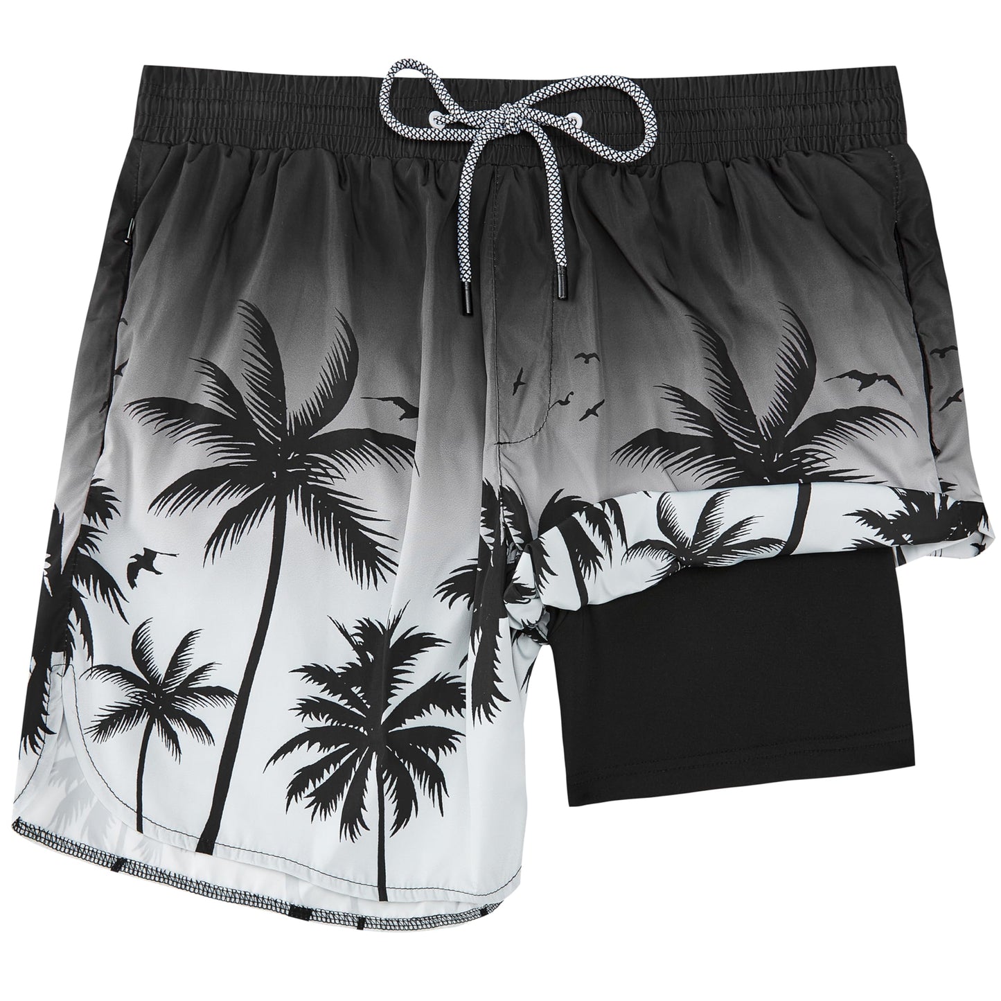 Mens Swim Trunks with Compression Liner, Mens Bathing Suit No-Chafing Swimming Trunks 5.5 Inch Inseam Gradient Black Palm Tree Board Shorts Swimwear, Beach Shorts Quick Dry with Zipper Pockets, L