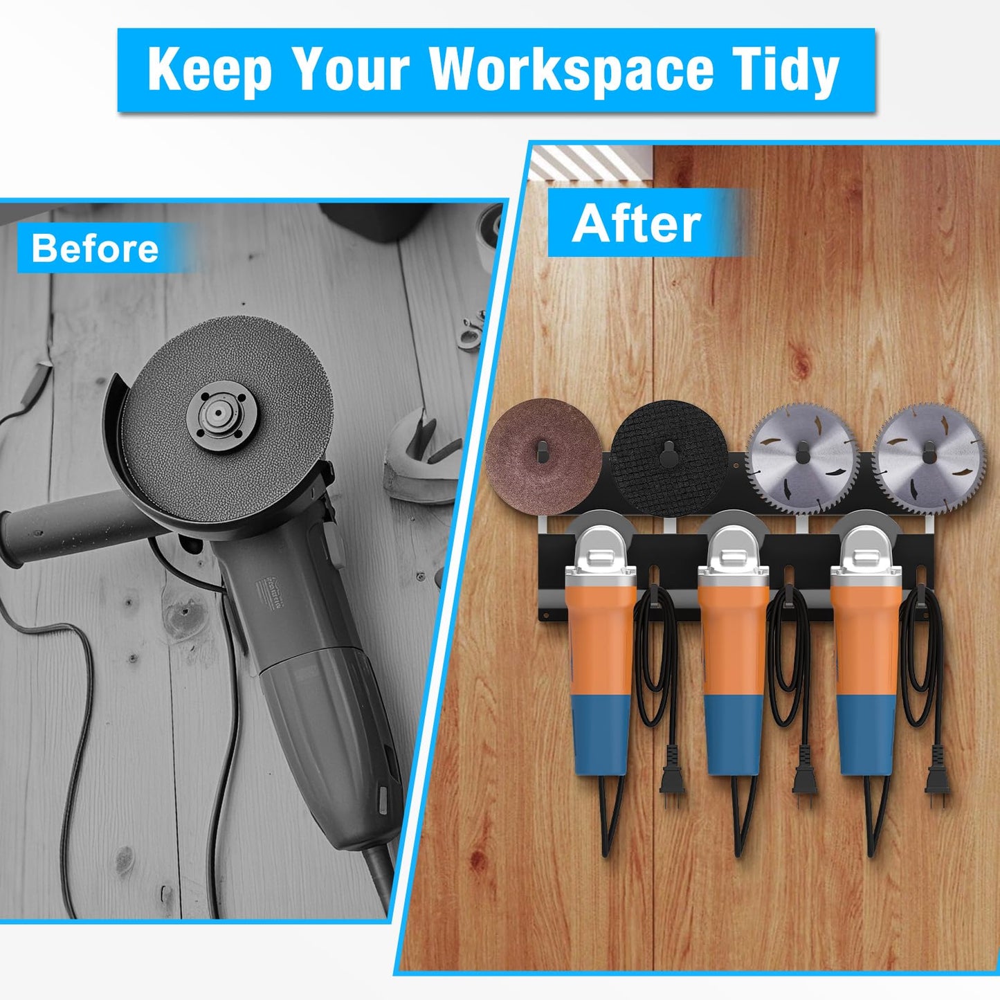 Angle Grinder Holder, Angle Grinder Stand with Discs Hook Rack & Cord Hanger, Wall Mount Power Tool Storage Rack/Bracket/Organizer for Cutters Polishers, Garage and Workspace