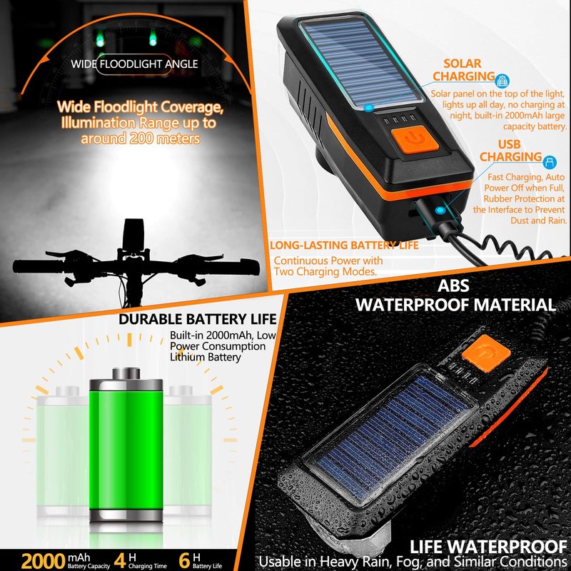 Bike Horn Headlight Solar/USB Dual Charging Bike Horn Light High Brightness Bike Headlight Waterproof Bike Horn Light Ideal for Mountain and Road Night Riding Essential Gear for Night Cycling (orange)