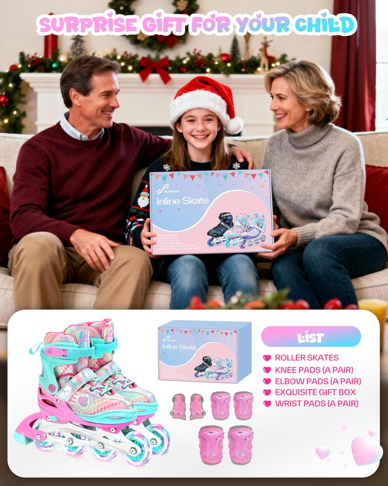 Sportneer Inline Roller Skates, Roller Boots Adjustable Size 2-7.5 with Illuminating Wheels Roller Blades Protective Gear Set for Gilrs Women