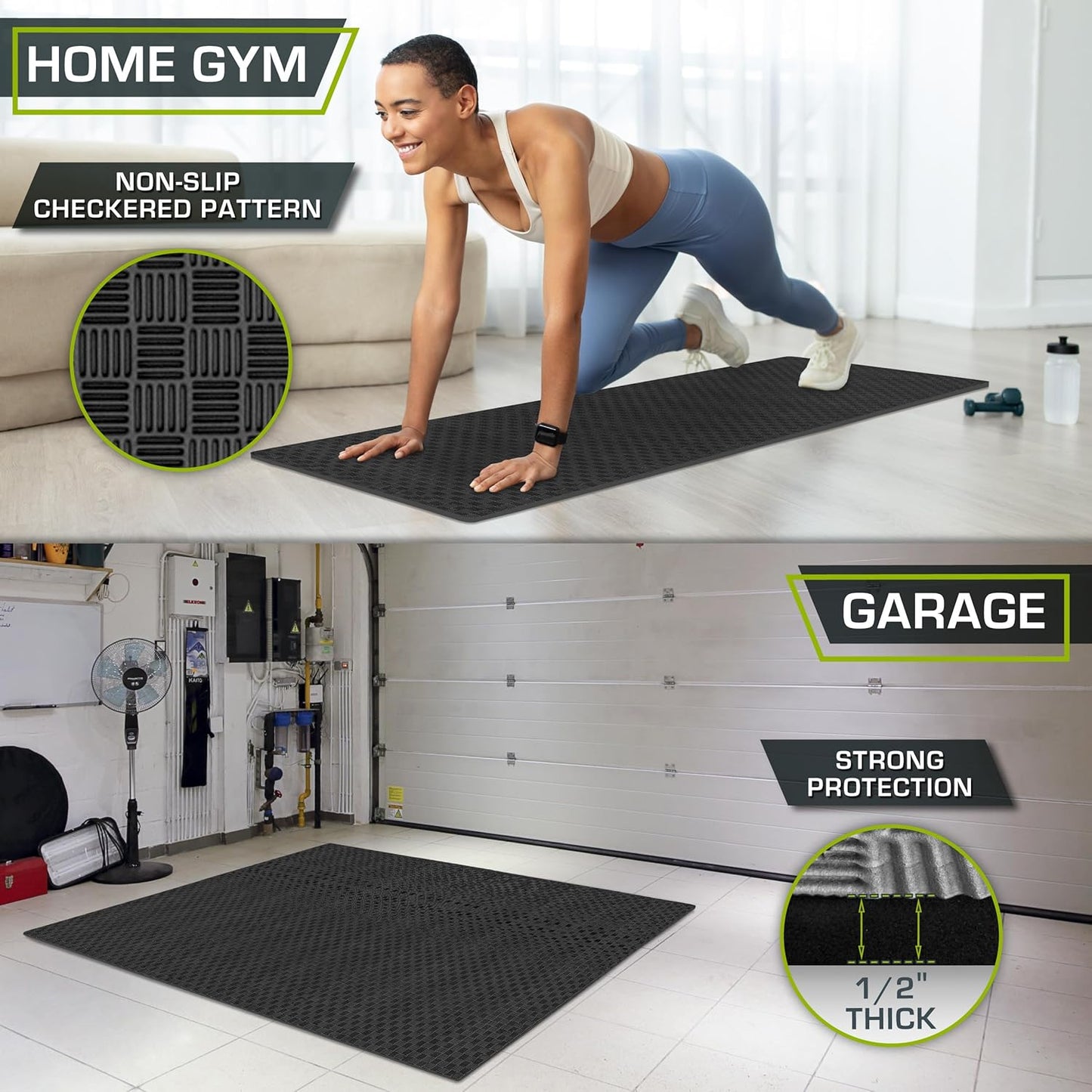 ProsourceFit Exercise Puzzle Mat - ½-Inch Checkered EVA Foam Tiles | Non-Slip, Shock Absorbing, Waterproof Gym Flooring - Black