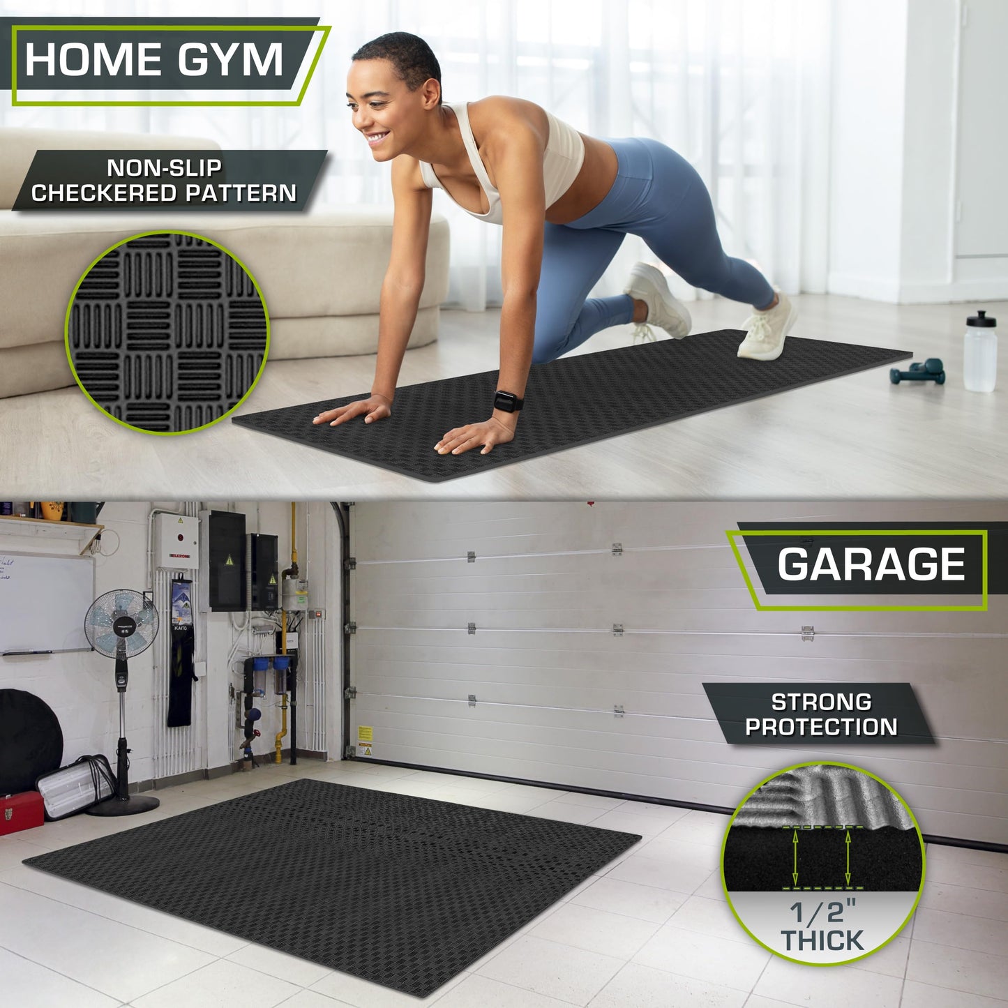 ProsourceFit Exercise Puzzle Mat ½-inch, Checkered EVA Foam Floor Tiles w/Non-Slip Texture, Interlocking Design for Adjustable Gym Surfaces, Shock Absorbing, Black, 24 Sq Ft - 6 Tiles