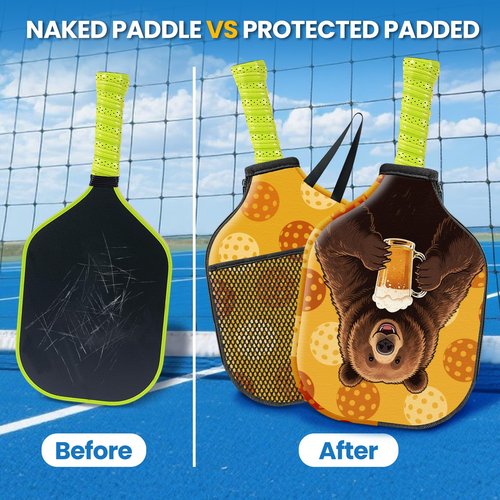 CUTHOLLOW 2PCS Bear Pickleball Paddle Cover with Rope & Zipper, 7.87"x11.81" Neoprene Scratch-proof & Machine Washable Racket Protective Sleeve, Compatible with USAPA Standard & Elongated Paddles