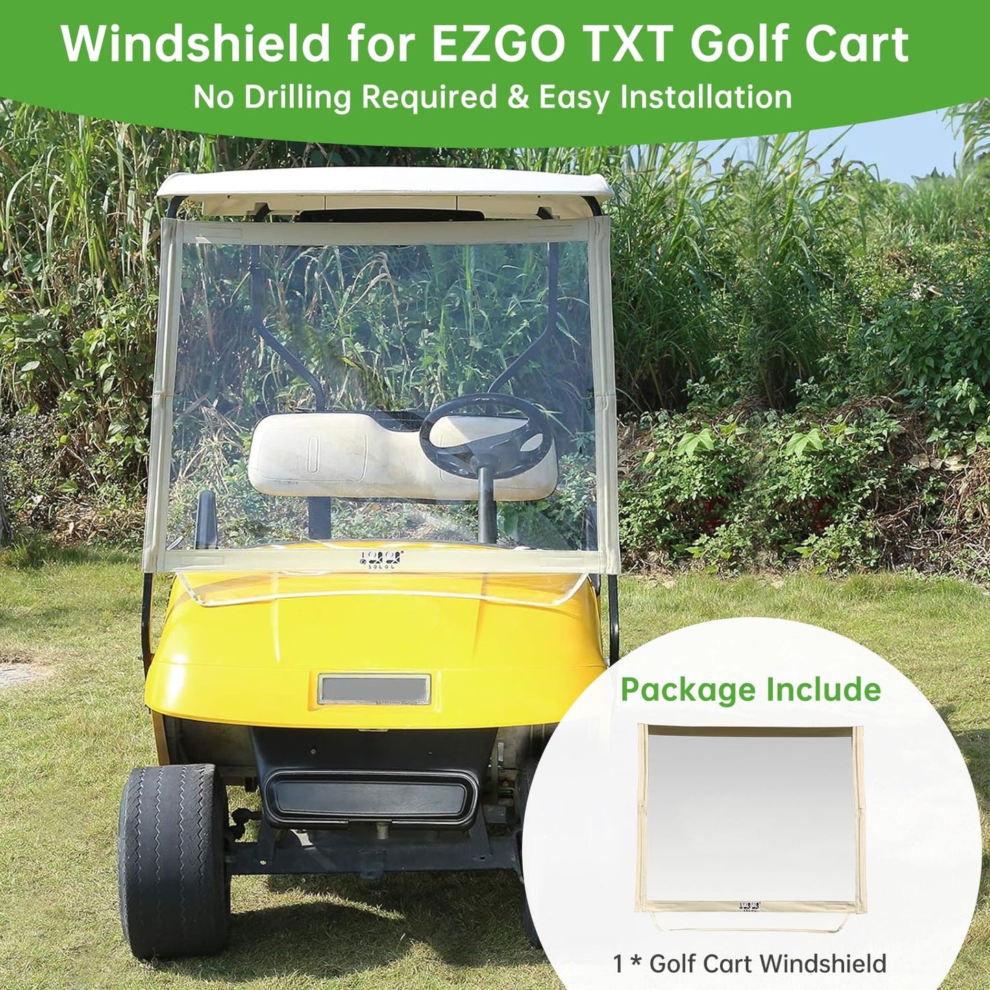 10L0L Golf Cart Windshield Compatible fot EZGO TXT Gas & Electric Models, Lightweight EZGO TXT Windshield Foldable Windproof Waterproof